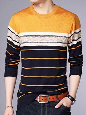 Male Casual Striped Round Neck Knitting Sweater