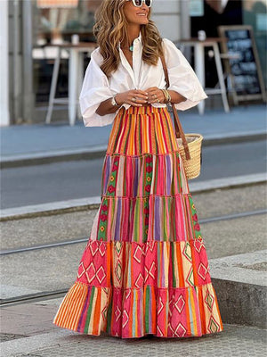 Multicolor Stripe Checked Triangle Print Boho Skirt for Women