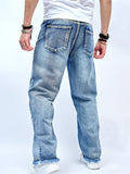 Loose Fit High Waist Raw Hem Jeans for Male