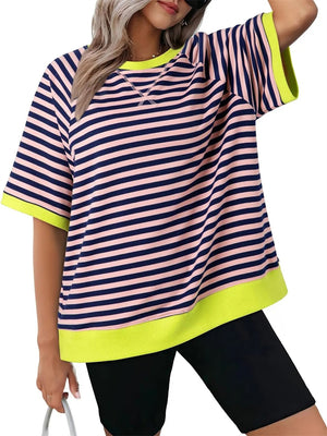 Contrast Color Stripes Round Neck Sports T-shirts for Women