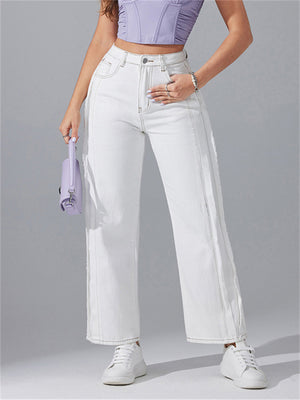 Women's Fashionable High Waist White Simple Straight-Leg Jeans