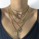 Women's 7pcs/Set Butterfly Honey OT Buckle Rose Coin Necklaces