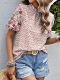 Ladies Floral Embroidered Leaf Print Puff Sleeve T-shirts