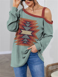 One Shoulder Abstract Print Lantern Sleeve Shirt for Lady