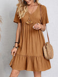 Women's Summer Short Sleeve V Neck Pleated Mini Dress