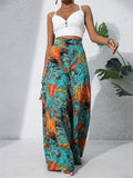 Women's Leaf Print High Waist Flowy Chiffon Wide Leg Pants