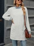 Autumn Slim Fit Long Sleeve High Collar Stripe Shirt for Women