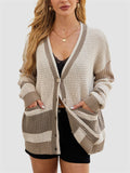 Lazy Contrast Color Stripe Button Up Loose Knitted Sweater for Women