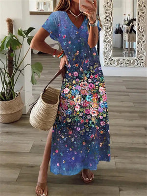 Vintage Leisure V Neck Short Sleeve Floral Print Midi Dress