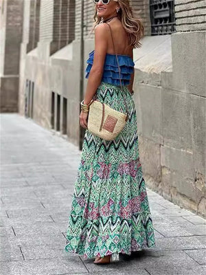 Bohemian Wavy & Checked Print Flowy Skirt for Women