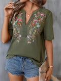 Floral Embroidered Spliced Lace Women's V-Neck T-shirt