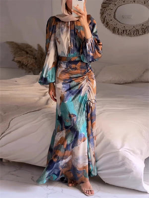 Lady Pleated Waisted Lantern Sleeve Printed Dress