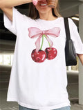 Super Cute Cherry Bowknot Print Summer T-shirts for Women