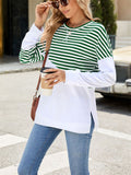 Stripe & Solid Color Round Neck Loose Sweatshirt for Female