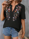 Floral Embroidered Spliced Lace Women's V-Neck T-shirt