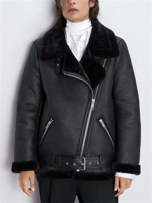 Women's Faux Lamb Wool Motorcycle Jacket with Zipper Pocket