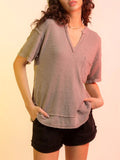 Candy Color V Neck Plaid Texture Casual T-shirts for Women