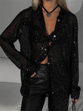 Ladies Twinkling Sequins Disco Party See-Through Blouses