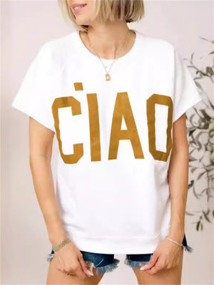 Female "CIAO" Letter Printed Round Neck T-shirt