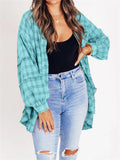 Women's Button Up Lantern Sleeve Fringed Plaid Blouse