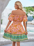 Bohemian Off Shoulder Puff Sleeve Print Beach Dress for Lady