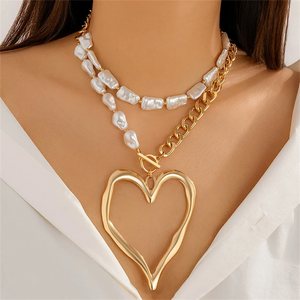 Female 2pcs/Set Imitation Pearl Exaggerated Love Heart Nekclace