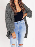 Women's Button Up Lantern Sleeve Fringed Plaid Blouse