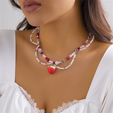 Female Lovely Faux Pearl Heart Strawberry Pendant Necklace