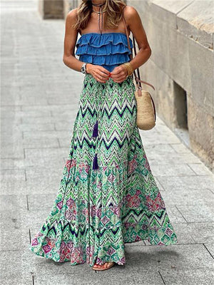 Bohemian Wavy & Checked Print Flowy Skirt for Women