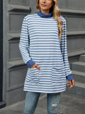 Autumn Slim Fit Long Sleeve High Collar Stripe Shirt for Women