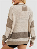 Lazy Contrast Color Stripe Button Up Loose Knitted Sweater for Women