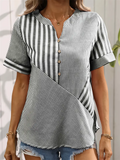 Leisure V Neck Stripe Patchwork Design Short Sleeve Shirt for Women