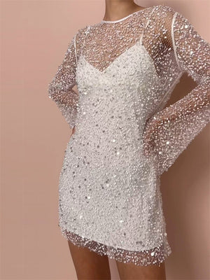 Lady See Through Matching Sets Mesh Sequin Pearl Dresses