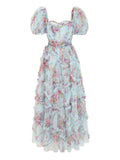 Romantic Flower Mesh Puff Sleeve Princess Dress for Women