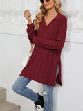 V Neck Striped Texture Side Split Fitted Shirt for Women