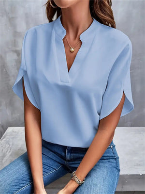 Female Simple Elegant V Neck Split Short Sleeve Shirt