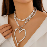 Female 2pcs/Set Imitation Pearl Exaggerated Love Heart Nekclace