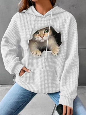 Lovely Kitty Print Ladies Comfy Waffle Hoodies