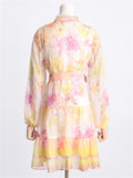 Women's Lapel Long Sleeve Floral Chiffon Dress