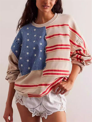 Female American Flag Personality Patchwork Lazy Pullover Sweatshirts