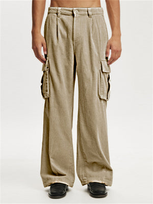 Men's Relaxed Casual Pleated Corduroy Multi-Pocket Cargo Pants