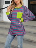 Contrast Color Stripe Chest Pocket Long Sleeve Shirt for Women