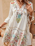 V-neck Bell Sleeve Lace Spliced Printed Dress for Women