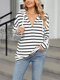 Classic Stripe V Neck Drawstring Hoodies for Women