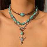 3pcs/Set Turquoise Beads Ox-head & Cactus Pendant Necklaces