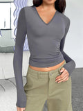 V Neck Slim Fit Stretchy Simple Base Shirt for Women