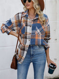 Relaxed Multicolor Plaid Chest Pocket Lapel Blouses for Women