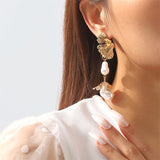 Baroque Style Irregular Pearl Ginkgo Leaf Earrings for Lady