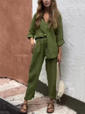 Women's Cozy Stand Collar Rolled Up Sleeve Shirt + Casual Pants