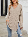 V Neck Striped Texture Side Split Fitted Shirt for Women